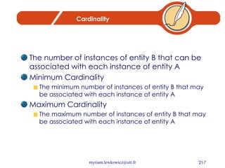Cardinality The number of instances of entity B that can be associated with each instance of entity A Minimum Cardinality The minimum number of instances of entity B that may be associated with each instance of entity A Maximum Cardinality The maximum number of instances of entity B that may be associated with each instance of entity A 