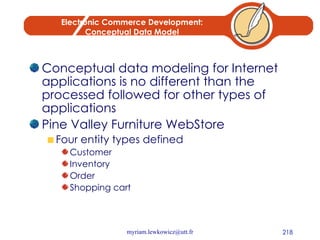 Electronic Commerce Development: Conceptual Data Model Conceptual data modeling for Internet applications is no different than the processed followed for other types of applications Pine Valley Furniture WebStore Four entity types defined Customer Inventory Order Shopping cart 