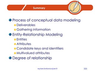 Summary Process of conceptual data modeling Deliverables Gathering information Entity-Relationship Modeling Entities Attributes Candidate keys and identifiers Multivalued attributes Degree of relationship 