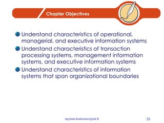 Chapter Objectives Understand characteristics of operational, managerial, and executive information systems Understand characteristics of transaction processing systems, management information systems, and executive information systems Understand characteristics of information systems that span organizational boundaries  