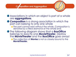 Composition and Aggregation Associations in which an object is part of a whole are  aggregations .  Composition  is a strong association in which the part can belong to only one whole  The part cannot exist without the whole. Composition is denoted by a filled diamond at the whole end. The following diagram shows that a  BoxOffice  belongs to exactly one  MovieTheater . Destroy the  MovieTheater  and the  BoxOffice  goes away!  The collection of  Movies  is not so closely bound to the  MovieTheater . 