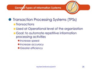 General Types of Information Systems Transaction Processing Systems (TPSs) Transactions Used at Operational level of the organization Goal: to automate repetitive information processing activities Increase speed Increase accuracy Greater efficiency 
