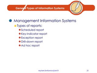 General Types of Information Systems Management Information Systems Types of reports: Scheduled report Key-indicator report Exception report Drill-down report Ad hoc report 