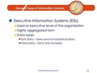 General Types of Information Systems Executive Information Systems (EISs) Used at executive level of the organization Highly aggregated form Data types Soft data – news and nonanalytical data Hard data – facts and numbers 