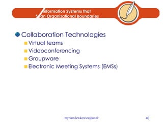 Information Systems that  Span Organizational Boundaries Collaboration Technologies Virtual teams Videoconferencing Groupware Electronic Meeting Systems (EMSs) 