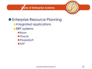 Types of Enterprise Systems Enterprise Resource Planning Integrated applications ERP systems Baan Oracle PeopleSoft SAP 