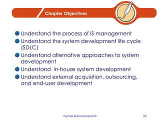 Chapter Objectives Understand the process of IS management Understand the system development life cycle (SDLC) Understand alternative approaches to system development Understand  in-house system development Understand external acquisition, outsourcing, and end-user development 