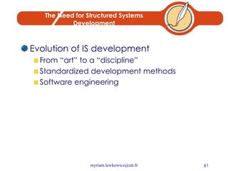 The Need for Structured Systems Development Evolution of IS development From “art” to a “discipline” Standardized development methods Software engineering 