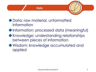 Data Data: raw material, unformatted information Information: processed data (meaningful) Knowledge: understanding relationships between pieces of information Wisdom: knowledge accumulated and applied 
