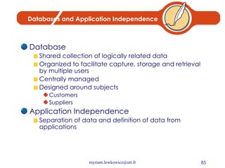 Databases and Application Independence Database Shared collection of logically related data Organized to facilitate capture, storage and retrieval by multiple users Centrally managed Designed around subjects Customers Suppliers Application Independence Separation of data and definition of data from applications 