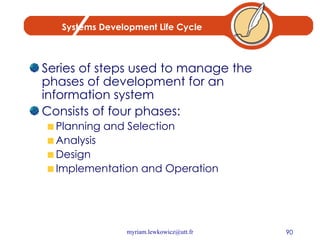 Systems Development Life Cycle Series of steps used to manage the phases of development for an information system Consists of four phases: Planning and Selection Analysis Design Implementation and Operation 