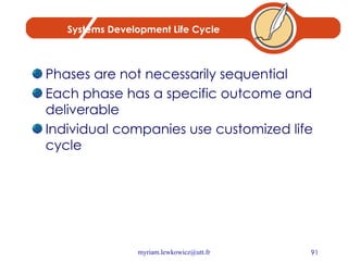 Systems Development Life Cycle Phases are not necessarily sequential Each phase has a specific outcome and deliverable Individual companies use customized life cycle 