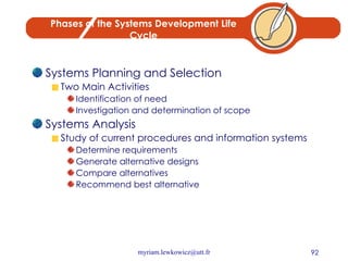 Phases of the Systems Development Life Cycle Systems Planning and Selection Two Main Activities Identification of need Investigation and determination of scope Systems Analysis Study of current procedures and information systems Determine requirements Generate alternative designs Compare alternatives Recommend best alternative 