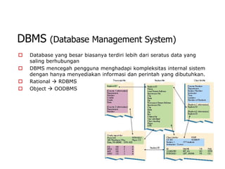 DBMS       (Database Management System)
   Database yang besar biasanya terdiri lebih dari seratus data yang
    saling berhubungan
   DBMS mencegah pengguna menghadapi kompleksitas internal sistem
    dengan hanya menyediakan informasi dan perintah yang dibutuhkan.
   Rational  RDBMS
   Object  OODBMS
 