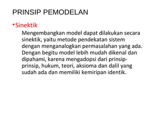 PRINSIP PEMODELAN
•Sinektik
Mengembangkan model dapat dilakukan secara
sinektik, yaitu metode pendekatan sistem
dengan menganalogkan permasalahan yang ada.
Dengan begitu model lebih mudah dikenal dan
dipahami, karena mengadopsi dari prinsip-
prinsip, hukum, teori, aksioma dan dalil yang
sudah ada dan memiliki kemiripan identik.
 