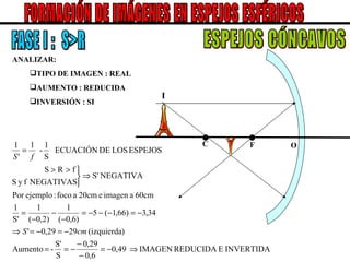 O C F FORMACIÓN DE IMÁGENES EN ESPEJOS ESFÉRICOS ESPEJOS CÓNCAVOS I ANALIZAR: TIPO DE IMAGEN : REAL AUMENTO : REDUCIDA INVERSIÓN : SI FASE I :  S>R 