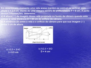 2. Câmara escura (máquina fotográfica, olho humano)orifícioimagem (i)objeto (o)(fonte de luz)raios de luzcâmara escuraD                                               dD  =  do       i