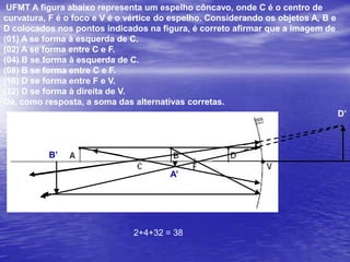 Deseja-se obter a imagem de uma lâmpada, ampliada 5 vezes, sobre uma parede situada a 12 cm de distância de um espelho. Nessas condições, determine:a) o tipo de espelho a utilizar. b) a distância entre a lâmpada e o vértice do espelho.c) o raio de curvatura do espelho.a) côncavob) i = - 5o  p’=12cmi/o = -p’/p   p = 12/5       p= 2,4 cmc) F = p.p’/(p+p’)F = 12.(2,4)/(12+2,4)F =  2 cmC = 2 F = 4 cm