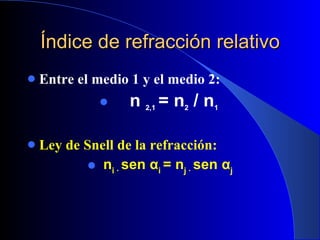 Índice de refracción relativo Entre el medio 1 y el medio 2: n  2,1   = n 2  / n 1   Ley de Snell de la refracción: n i ·  sen  α i  = n j ·  sen  α j 