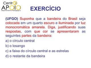 EXERCÍCIO
(UFGO) Suponha que a bandeira do Brasil seja
colocada em um quarto escuro e iluminada por luz
monocromática amarela. Diga, justificando suas
respostas, com que cor se apresentaram as
seguintes partes da bandeira:
a) o círculo central
b) o losango
c) a faixa do círculo central e as estrelas
d) o restante da bandeira
 