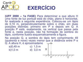 EXERCÍCIO
(UFF 2000 – 1a FASE) Para determinar a que altura H
uma fonte de luz pontual está do chão, plano e horizontal,
foi realizada a seguinte experiência. Colocou-se um lápis
de 0,10 m, perpendicularmente sobre o chão, em duas
posições distintas: primeiro em P e depois em Q. A
posição P está, exatamente, na vertical que passa pela
fonte e, nesta posição, não há formação de sombra do
lápis, conforme ilustra esquematicamente a figura.
Na posição Q, a sombra do lápis tem comprimento 49
(quarenta e nove) vezes menor que a distância entre P e
Q. A altura H, é aproximadamente, igual a:
    a)0,49 m         c) 1,5 m     e) 5,0 m
    b)1,0 m          d) 3,0 m
 