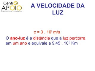 A VELOCIDADE DA
                   LUZ


              c = 3 . 108 m/s
O ano-luz é a distância que a luz percorre
em um ano e equivale a 9,45 . 1012 Km
 