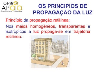 OS PRINCIPIOS DE
             PROPAGAÇÃO DA LUZ
Princípio da propagação retilínea:
Nos meios homogêneos, transparentes e
isotrópicos a luz propaga-se em trajetória
retilínea.
 