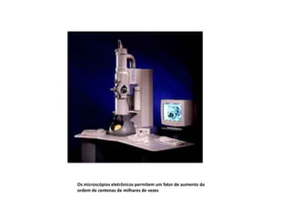 Os microscópios eletrônicos permitem um fator de aumento da
ordem de centenas de milhares de vezes
 