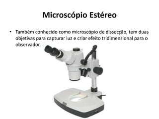 Microscópio Estéreo
• Também conhecido como microscópio de dissecção, tem duas
objetivas para capturar luz e criar efeito tridimensional para o
observador.
 