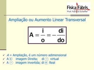 Ampliação ou Aumento Linear Transversal

i
di
A 
o
do


A = Ampliação, é um número adimensional

A+
 A 

imagem Direita; di - virtual
imagem invertida; di + Real

 