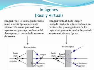 Imágenes
(Real y Virtual)
Imagen real: Es la imagen formada
en un sistema óptico mediante
intersección en un punto de los
rayos convergentes procedentes del
objeto puntual después de atravesar
el sistema.
Imagen virtual: Es la imagen
formada mediante intersección en un
punto de las prolongaciones de los
rayos divergentes formados después de
atravesar el sistema óptico.
 