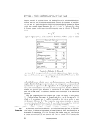 CAP´ITULO 2. TEOR´IA ELECTROMAGN´ETICA, FOTONES Y LUZ
La gran mayor´ıa de las substancias, con la excepci´on de los materiales ferromag-
n´eticos, son s´olo muy d´ebilmente magn´eticas; ninguna es realmente no magn´eti-
ca. A´un as´ı, Km generalmente no se desv´ıa de uno en m´as de unas pocas partes
en 104
(por ejemplo para el diamante Km = 1−2,2×10−5
). Poniendo Km = 1 en
la f´ormula para n resulta una expresi´on conocida como la relaci´on de Maxwell,
o sea:
n = Ke, (2.34)
aqu´ı se supone que Ke es la constante diel´ectrica est´atica. Como se indica
Gases a 0o C y 1 atm
Substancia
√
Ke n
Aire 1.000294 1.000293
Helio 1.000034 1.000036
Hidr´ogeno 1.000131 1.000132
Di´oxido de carbono 1.00049 1.00045
L´ıquidos a 20o C
Substancia
√
Ke n
Benceno 1.51 1.501
Agua 8.96 1.333
Alcohol et´ılico (etanol 5.08 1.361
Tetracloruro de carbono 4.63 1.461
Bisulfuro de carbono 5.04 1.628
S´olidos a temperatura ambiente
Substancia
√
Ke n
Diamante 4.06 2.419
Ambar 1.6 1.55
S´ılice fundida 1.94 1.458
Cloruro de sodio 2.37 1.50
Cuadro 2.1: Relaci´on de Maxwell.
Los valores de Ke corresponden a las frecuencias m´as bajas posibles, en algunos casos tan
bajas como 60 Hz, mientras que n est´a medida a alrededor de 0,5 × 1015Hz. Se us´o luz D del
sodio (λ = 589,29 nm).
en la tabla 2.1, esta relaci´on parece ser efectiva solamente para algunos gases
simples. La diﬁcultad aparece porque Ke, y por consiguiente n, son en realidad
dependientes de la frecuencia. La dependencia de n con la longitud de onda (o
color) de la luz es un efecto muy conocido llamado dispersi´on. En efecto, Sir Isaac
Newton us´o prismas para dispersar la luz blanca en sus colores constitutivos
hace m´as de 300 a˜nos y el fen´omeno era bien conocido aunque no se entendiera
entonces.
Hay dos preguntas interrelacionadas que vienen a la mente en este punto:
(1) ¿Cu´al es la base f´ısica para la dependencia de n con la frecuencia? y (2)
¿Cu´al es el mecanismo por el cual la velocidad de fase en un medio se hace
efectivamente diferente de c? Las respuestas para ambas preguntas se pueden
encontrar examinando la interacci´on de una onda electromagn´etica incidente
con el arreglo de ´atomos que constituyen un material diel´ectrico.
. . . . . . . . . . . . . . . . . . . . . . . . . . . . . . . . . . . . . . . . . . . . . . . . . . . . . . . . . . . . . . . . . . . . . . . . .
2.3.1
Dispersi´on
Cuando un diel´ectrico se somete a un campo el´ectrico aplicado, la distribu-
ci´on interna de carga se distorsiona bajo su inﬂuencia. Esto corrresponde a la
generaci´on de momentos el´ectricos dipolares, los cuales, a su vez, contribuyen
al campo interno total. De una manera m´as clara, el campo el´ectrico separa las
36 Juan Manuel Enrique Mu˜nido
 