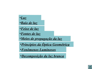 •Luz
•Raio de luz
•Feixe de luz
•Fontes de luz
•Meios de propagação da luz
•Princípios da Óptica Geométrica
•Fenômenos Luminosos
•Decomposição da luz branca
 