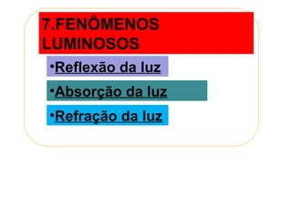 7.FENÔMENOS
LUMINOSOS
•Reflexão da luz
•Absorção da luz
•Refração da luz
 