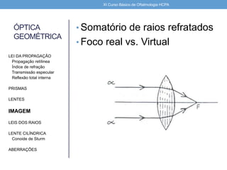 ÓPTICA
GEOMÉTRICA
• Somatório de raios refratados
• Foco real vs. Virtual
LEI DA PROPAGAÇÃO
Propagação retílinea
Índice de refração
Transmissão especular
Reflexão total interna
PRISMAS
LENTES
IMAGEM
LEIS DOS RAIOS
LENTE CILÍNDRICA
Conoide de Sturm
ABERRAÇÕES
XI Curso Básico de Oftalmologia HCPA
 