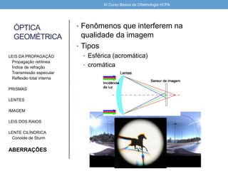 ÓPTICA
GEOMÉTRICA
• Fenômenos que interferem na
qualidade da imagem
• Tipos
• Esférica (acromática)
• cromática
LEIS DA PROPAGAÇÃO
Propagação retílinea
Índice de refração
Transmissão especular
Reflexão total interna
PRISMAS
LENTES
IMAGEM
LEIS DOS RAIOS
LENTE CILÍNDRICA
Conoide de Sturm
ABERRAÇÕES
XI Curso Básico de Oftalmologia HCPA
 
