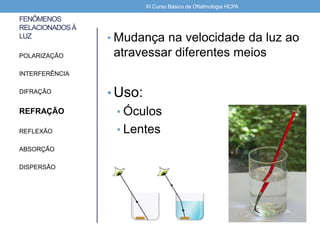 FENÔMENOS
RELACIONADOSÀ
LUZ • Mudança na velocidade da luz ao
atravessar diferentes meios
• Uso:
• Óculos
• Lentes
POLARIZAÇÃO
INTERFERÊNCIA
DIFRAÇÃO
REFRAÇÃO
REFLEXÃO
ABSORÇÃO
DISPERSÃO
XI Curso Básico de Oftalmologia HCPA
 