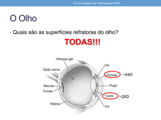 O Olho
• Quais são as superfícies refratoras do olho?
XI Curso Básico de Oftalmologia HCPA
TODAS!!!
~44D
~20D
 