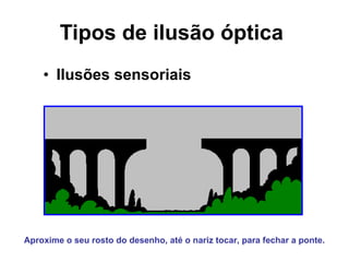 Tipos de ilusão óptica   Ilusões sensoriais   Aproxime o seu rosto do desenho, até o nariz tocar, para fechar a ponte.   