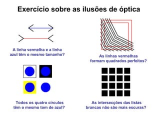 Exercício sobre as ilusões de óptica Todos os quatro círculos têm o mesmo tom de azul?   A linha vermelha e a linha  azul têm o mesmo tamanho?   As linhas vermelhas  formam quadrados perfeitos?   As intersecções das listas brancas não são mais escuras?   