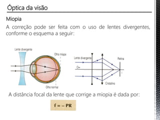 Miopia
A correção pode ser feita com o uso de lentes divergentes,
conforme o esquema a seguir:
A distância focal da lente que corrige a miopia é dada por:
Óptica da visão
 