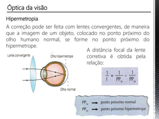 Hipermetropia
A correção pode ser feita com lentes convergentes, de maneira
que a imagem de um objeto, colocado no ponto próximo do
olho humano normal, se forme no ponto próximo do
hipermetrope.
A distância focal da lente
corretiva é obtida pela
relação:
Óptica da visão
 