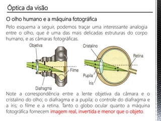 Astigmatismo
• O olho passa a conjugar mais de um ponto imagem a um
único ponto objeto, provocando um “embaralhamento” das
imagens.
Óptica da visão
 