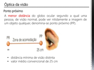 Ponto próximo
A menor distância do globo ocular segundo a qual uma
pessoa, de visão normal, pode ver nitidamente a imagem de
um objeto qualquer, denomina-se ponto próximo (PP).
• distância mínima de visão distinta
• valor médio convencional de 25 cm
Óptica da visão
 