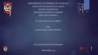 UNIVERSIDAD AUTÓNOMA DE TLAXCALA
FACULTAD DE CIENCIAS DE LA SALUD
ESCUELA DE MEDICINA
PROGRAMA EN MÉDICO CIRUJANO
FISIOLOGÍA HUMANA I:
“EL OJO: ÓPTICA DE LA VISIÓN”
POR:
ROGELIO SALVADOR POTRERO
DR. AGUSTÍN JUAN GALVÁN ROSAS
PRIMAVERA 2015
 