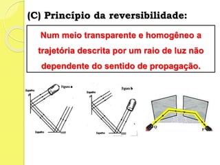 (C) Princípio da reversibilidade:
Num meio transparente e homogêneo a
trajetória descrita por um raio de luz não
dependente do sentido de propagação.
 