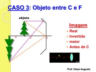 CASO 3: Objeto entre C e F
Imagem
 Real
 Invertida
 maior
 Antes de C
C F V
Prof. César Augusto
 