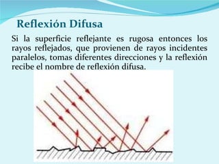 Reflexión Difusa Si la superficie reflejante es rugosa entonces los rayos reflejados, que provienen de rayos incidentes paralelos, tomas diferentes direcciones y la reflexión recibe el nombre de reflexión difusa.  