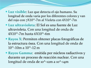 Luz visible :  Luz que detecta el ojo humano. Su longitud de onda varia por los diferentes colores y van del rojo con 7 X10^-7m al Violeta con 4X10^-7m Luz ultravioleta : El Sol es una fuente de Luz ultravioleta.  Con una longitud de onda de 4X10^-7m hasta 6X10^-6m Rayos X : Permiten obtener placas fotográficas de la estructura ósea.  Con una longitud de onda de 10^-10m a 10^-12 m Rayos Gamma :  emitida por núcleos radiactivos y durante un proceso de reacción nuclear.  Con una longitud de onda  de 10^-12m a 10^-14m 