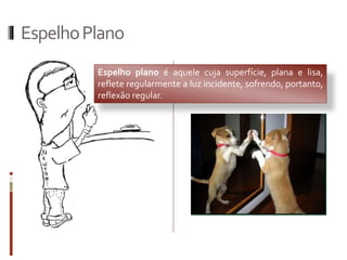 EspelhoPlano
Espelho plano é aquele cuja superfície, plana e lisa,
reflete regularmente a luz incidente, sofrendo, portanto,
reflexão regular.
 